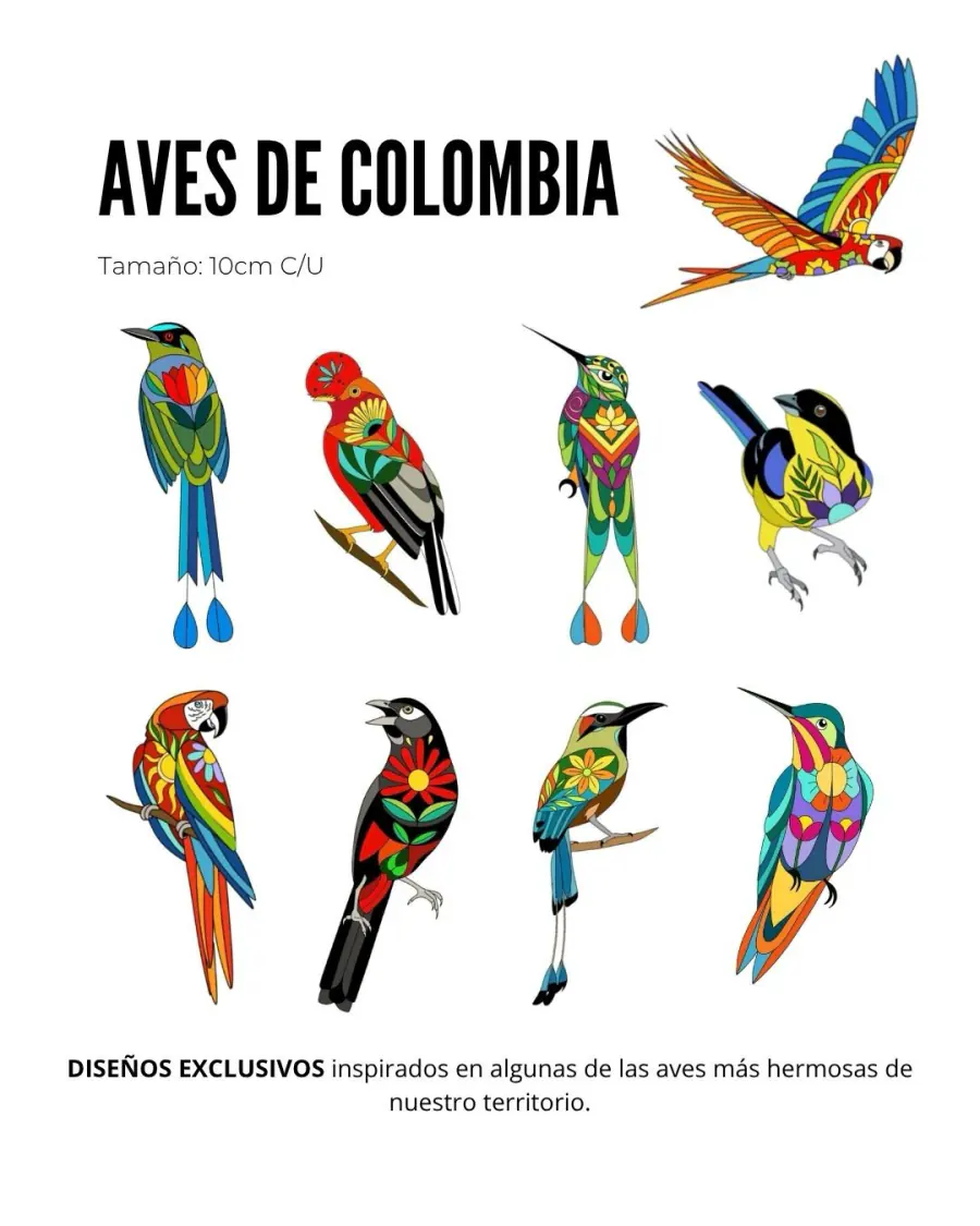 Hoja de diseños flash Aves de Colombia, de 10 cm cada uno